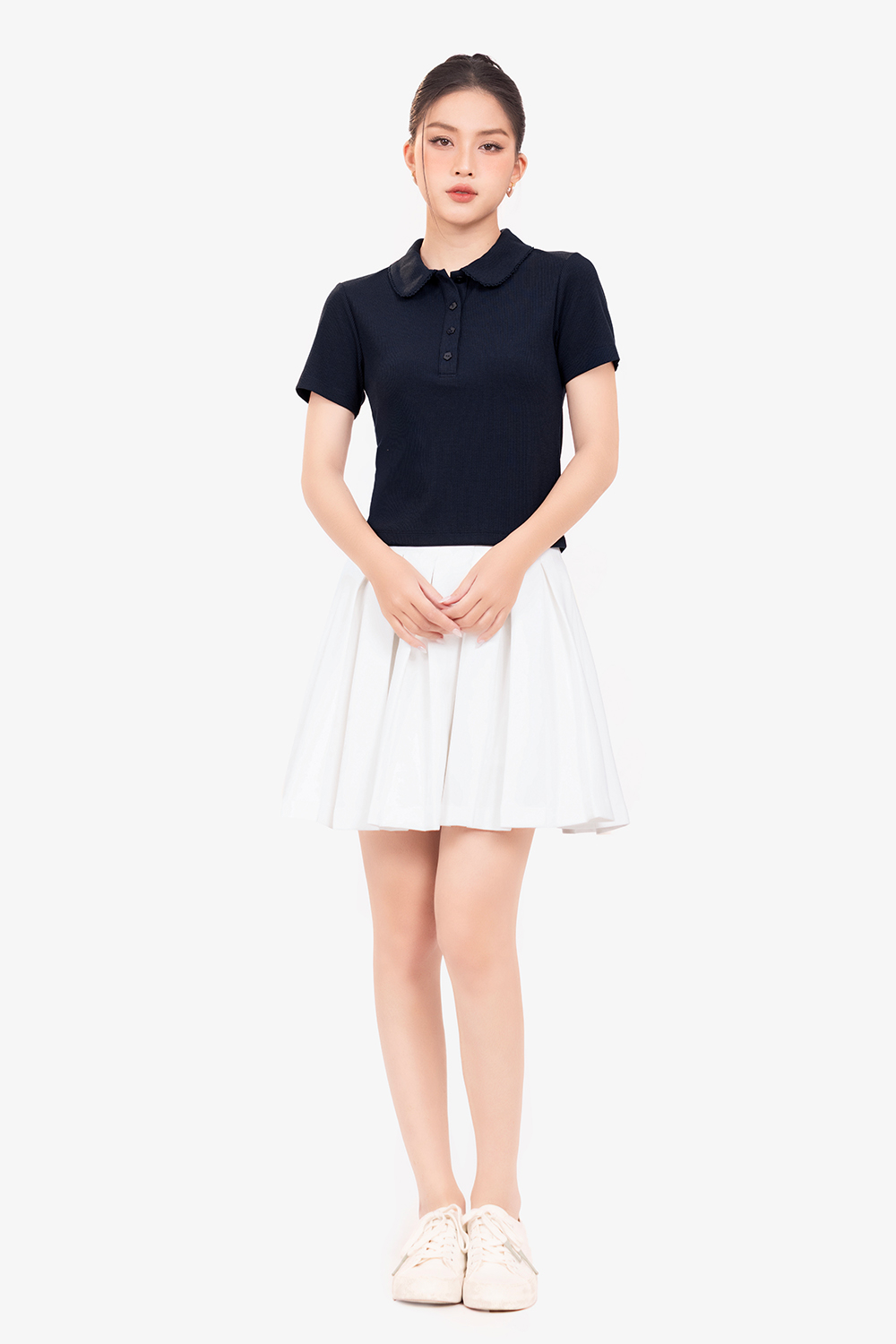 Áo thun gân cotton cổ sen màu xanh đen