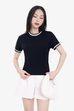 Áo thun gân cotton màu xanh đen viền trắng