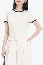 Áo thun gân cotton màu trắng viền đen