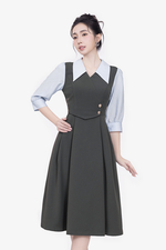 Đầm xoè công sở màu xám phối tay xanh