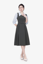 Đầm xoè công sở màu xám phối tay xanh