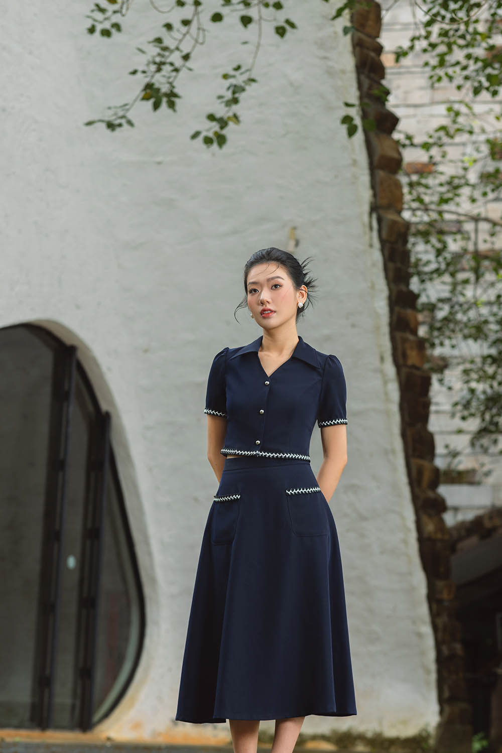 Chân váy dài dáng xòe túi phối viền