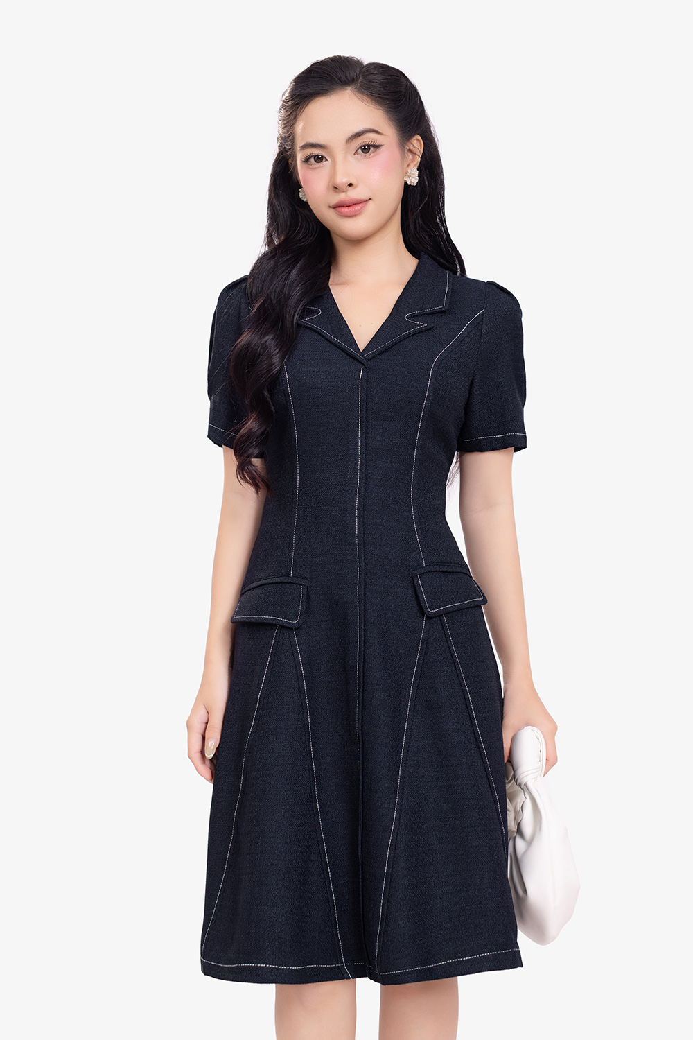 Đầm công sở chữ A cổ vest viền chỉ