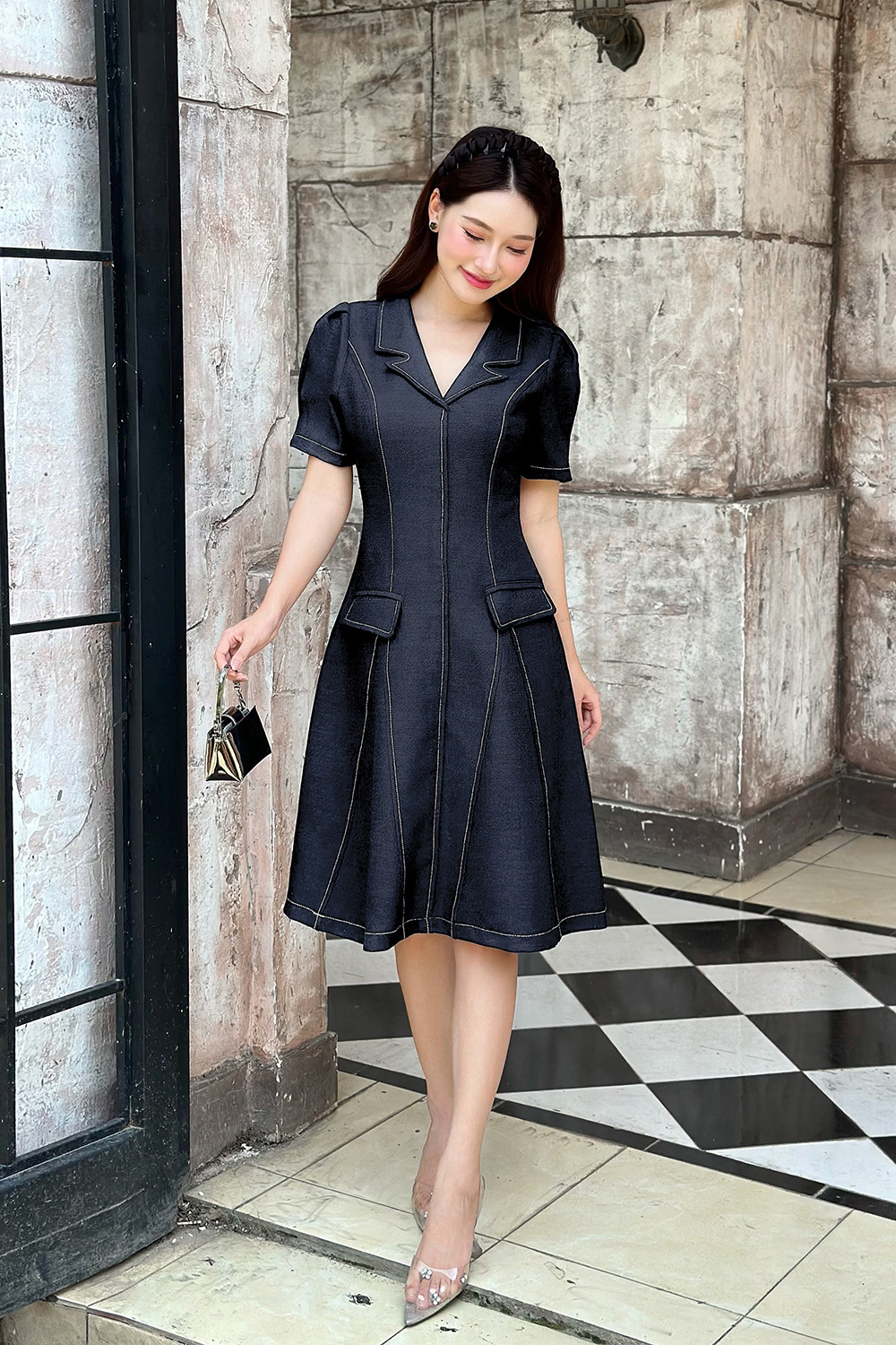 Đầm công sở chữ A cổ vest viền chỉ