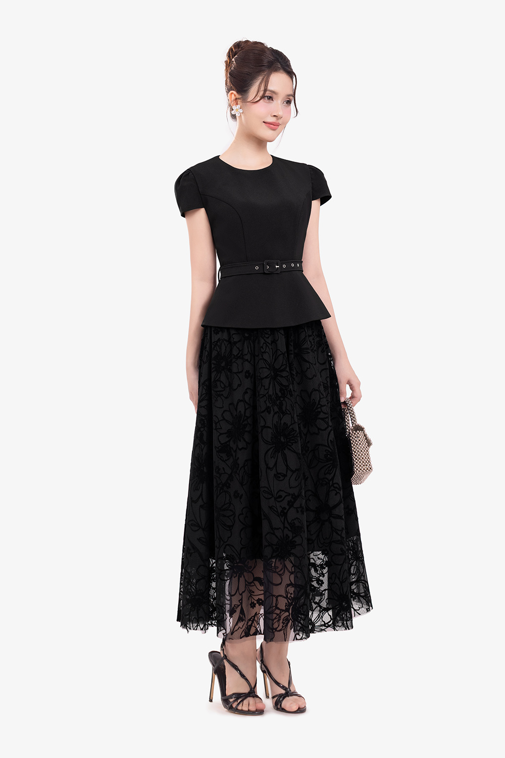 Đầm peplum đen đi tiệc phối lưới