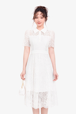 Đầm ren trắng cổ sơ mi dáng xòe