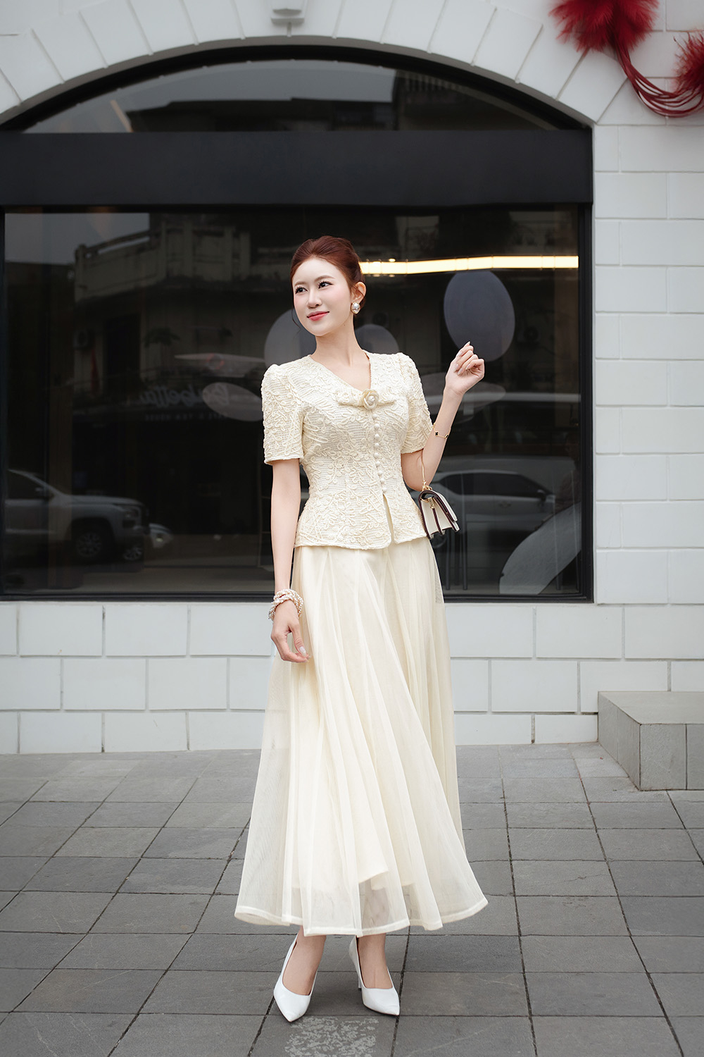 Chân váy lưới xòe dáng dài