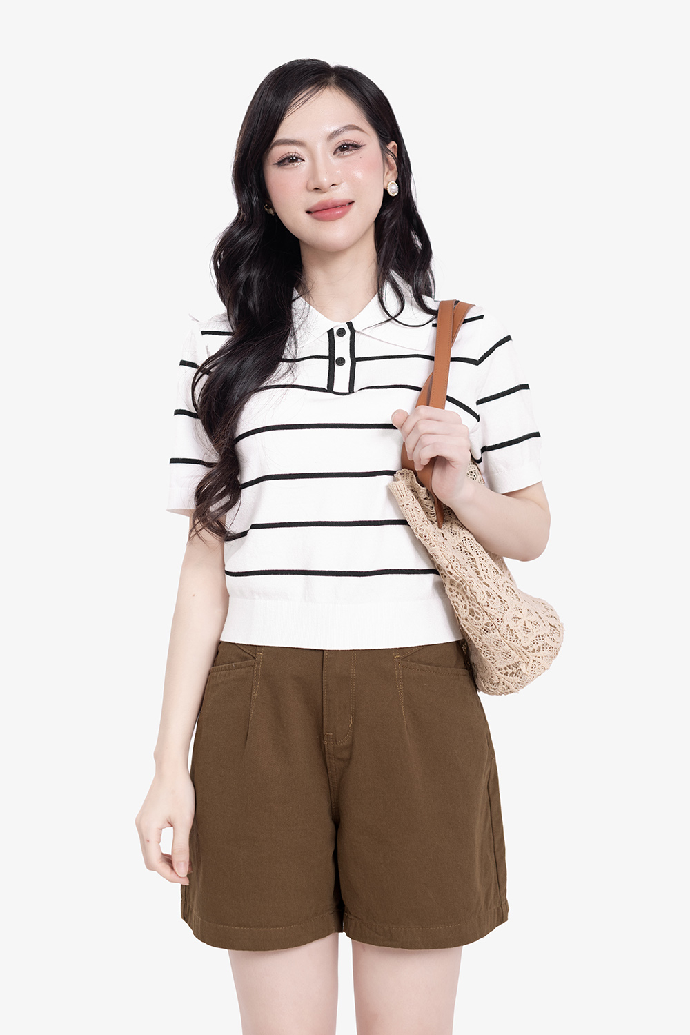 Quần đùi kaki lưng cao màu nâu có túi