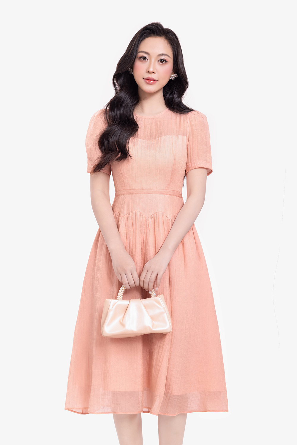 Đầm xòe tơ nhún cổ tròn chiết eo lượn sóng