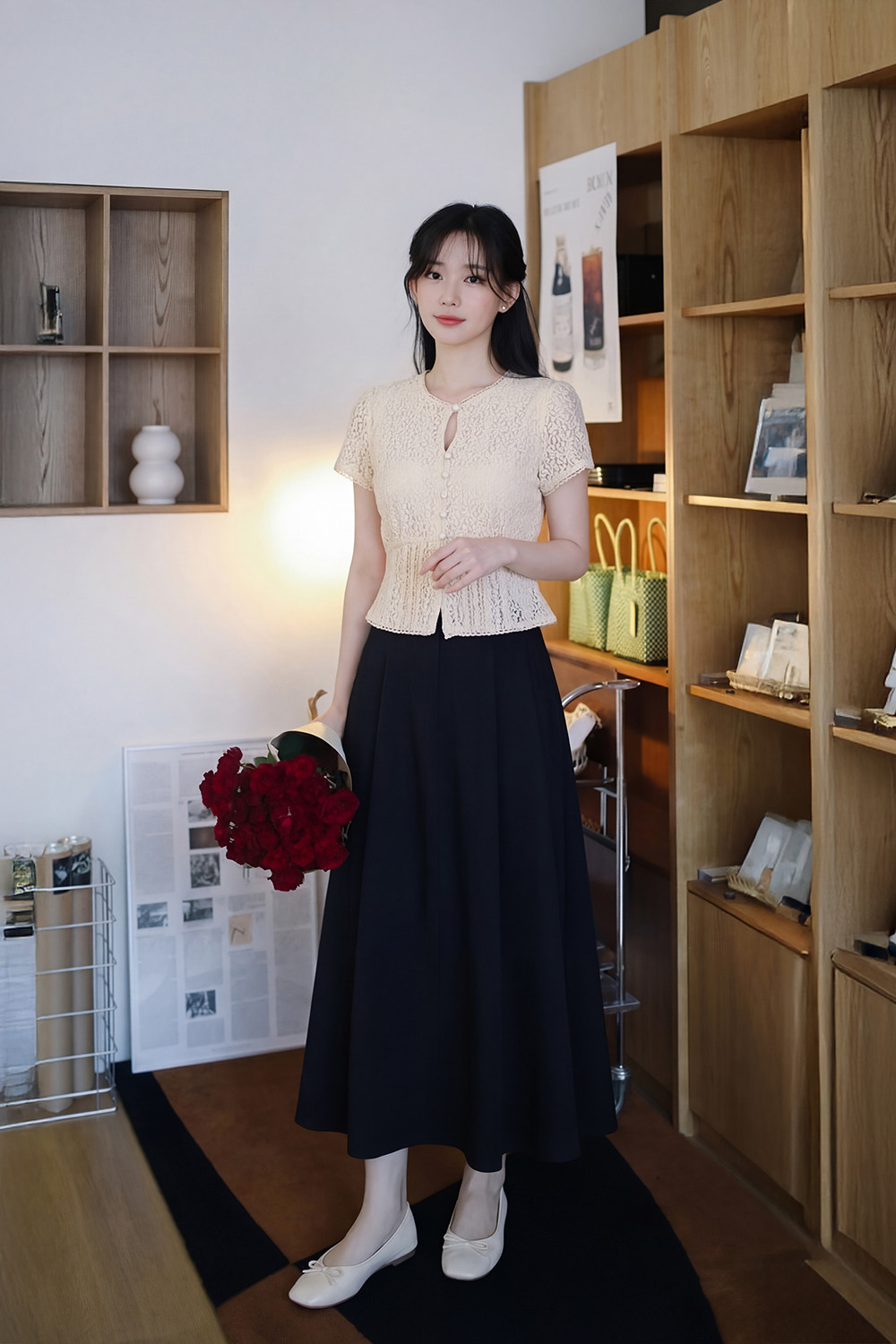 Chân váy đen xòe xếp ly dáng dài