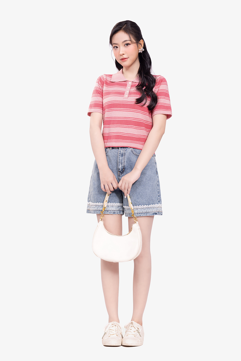 Áo len dệt kim sọc hồng cổ polo