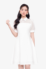 Đầm trắng dáng A xòe cổ sơ mi tay phồng