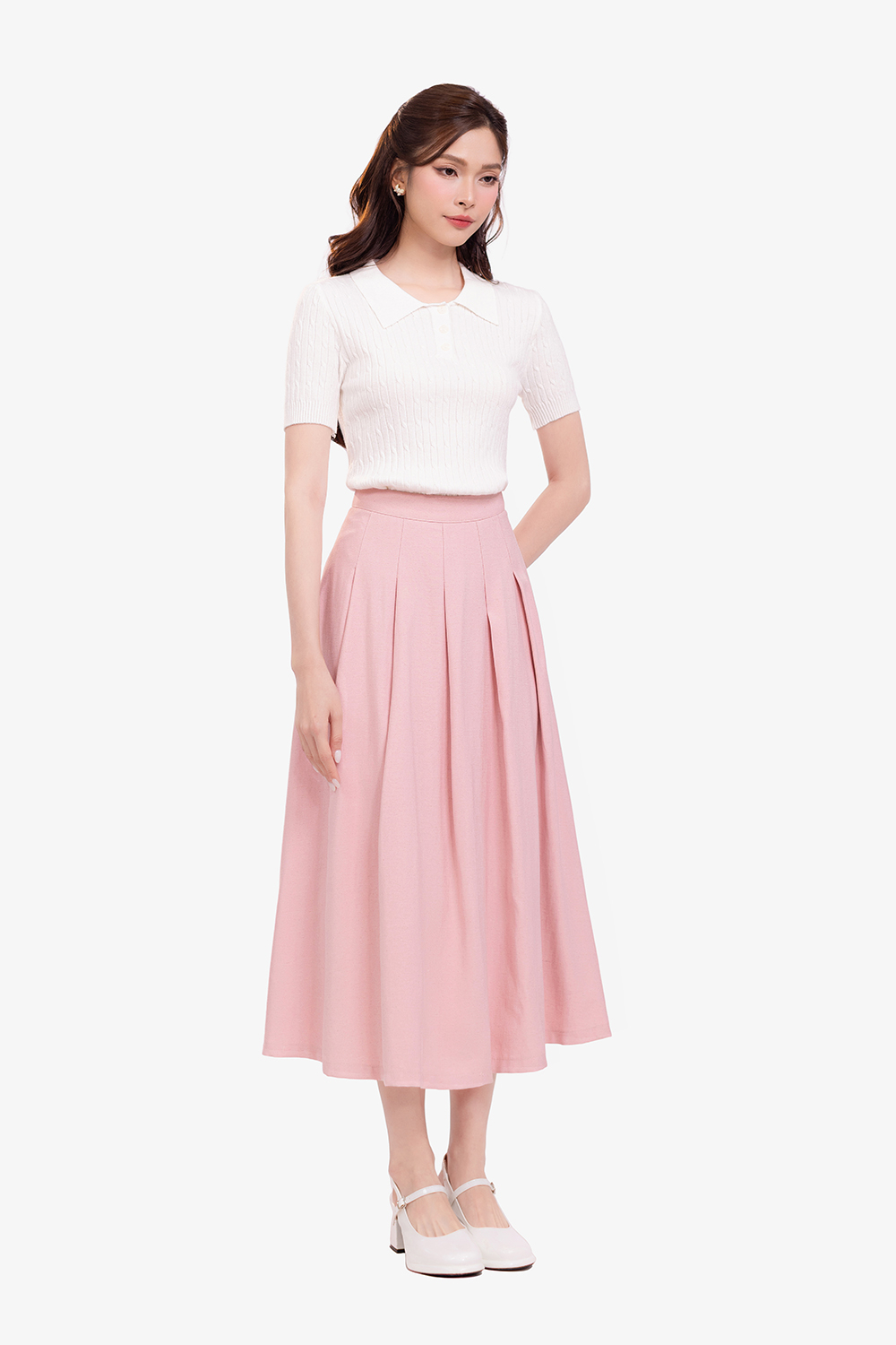 Chân váy xòe xếp ly màu hồng pastel
