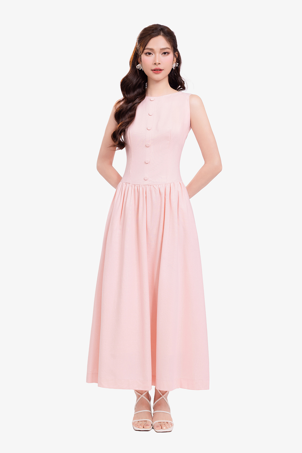 Đầm linen màu hồng dáng dài