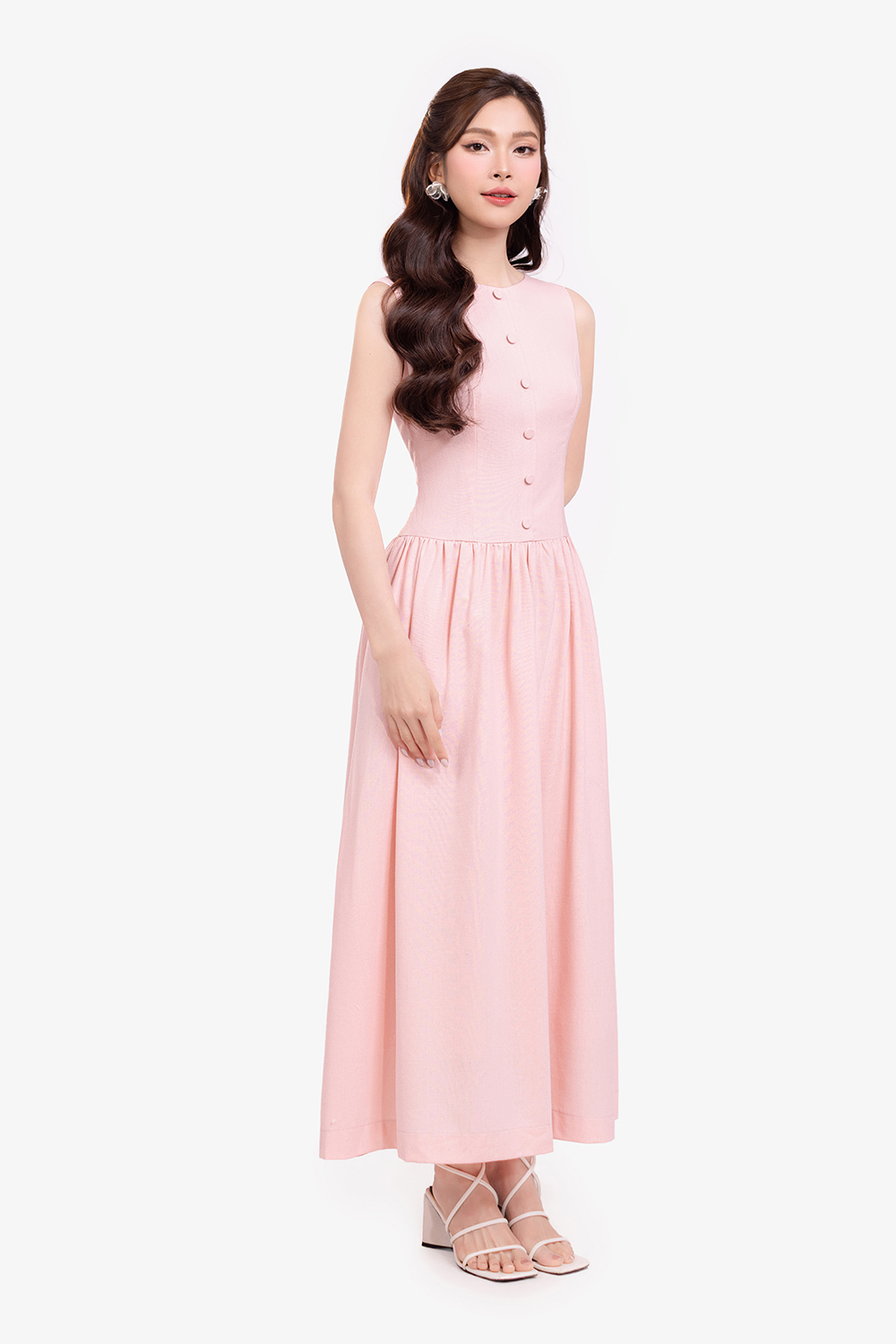 Đầm linen màu hồng dáng dài