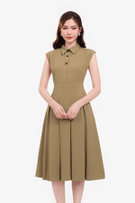 Đầm công sở dáng xoè xếp ly màu nâu
