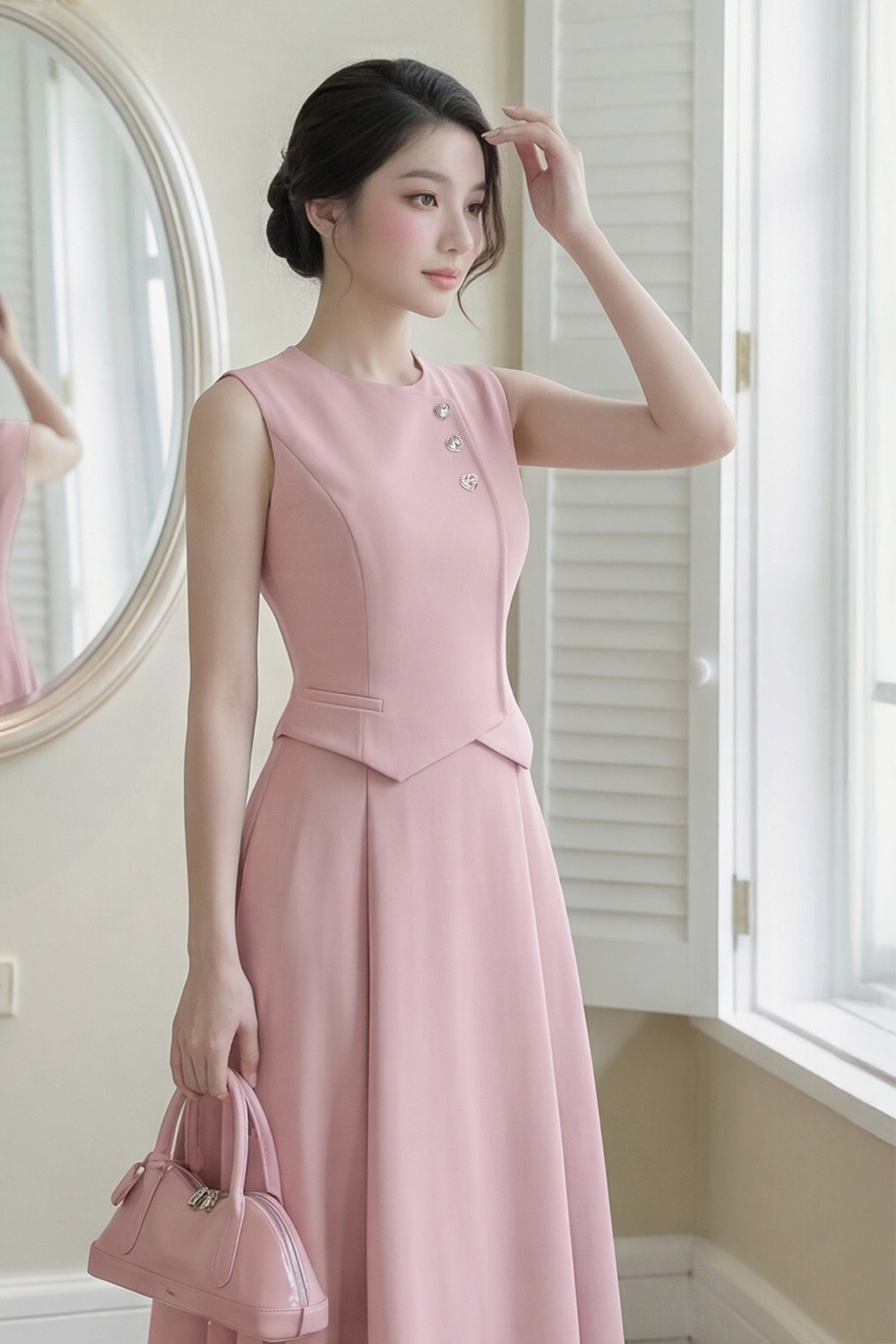 Áo gile nữ màu hồng đính nút