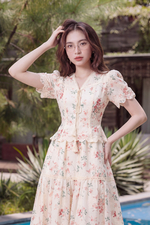 Áo kiểu nữ họa tiết hoa cổ V phối nơ