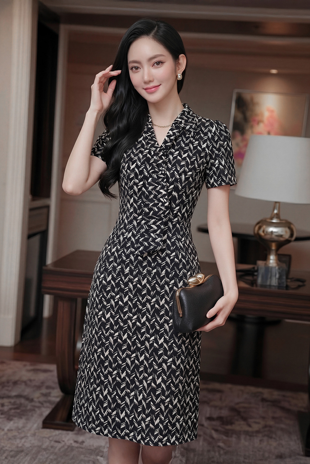 Đầm công sở họa tiết trắng đen cổ sơ mi