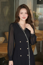 Đầm đen công sở tay dài tùng đắp chéo