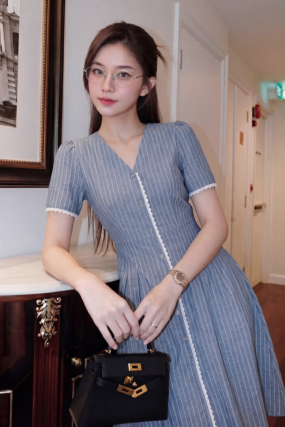 Đầm linen kẻ sọc dáng chữ A cổ V phối ren