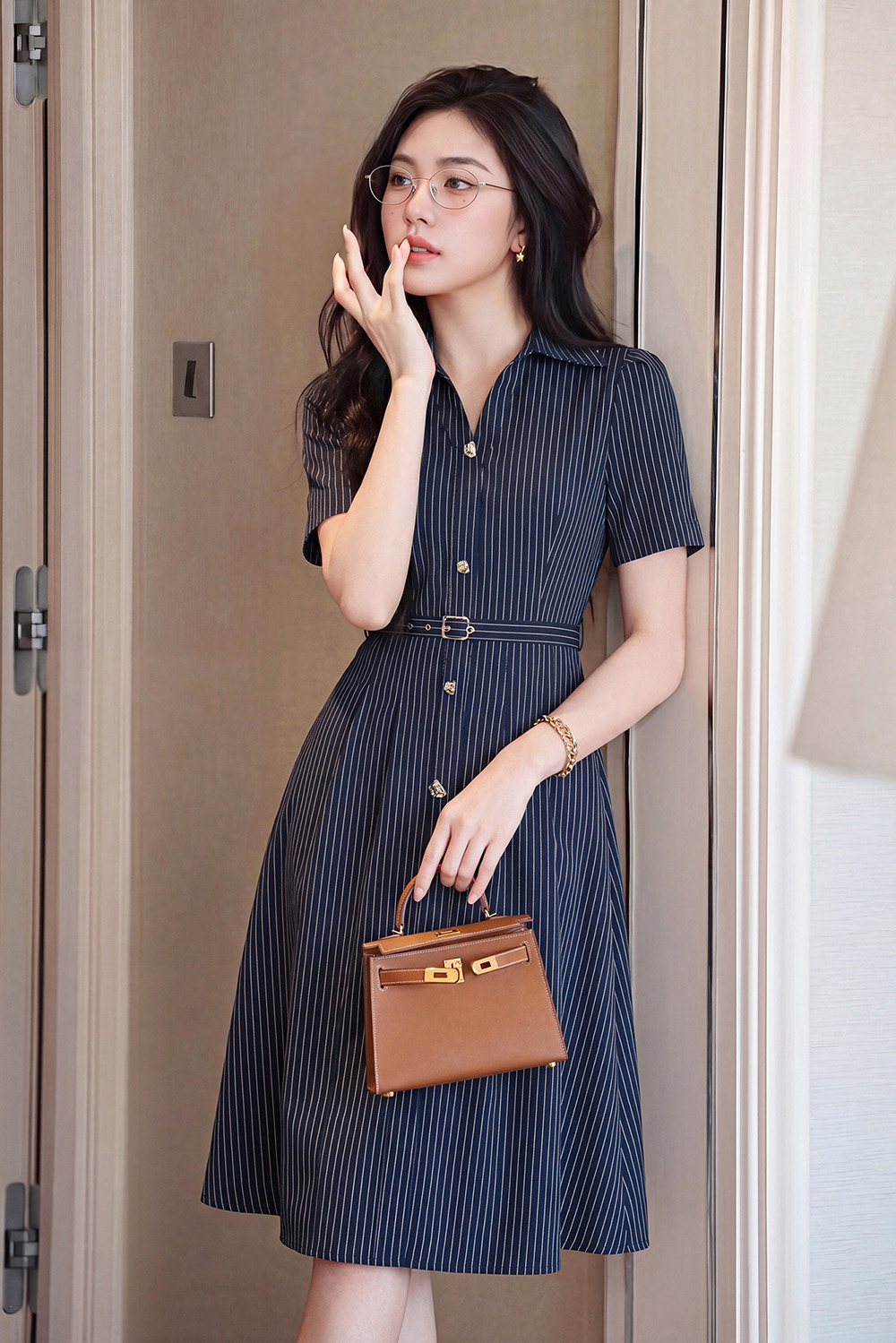 Đầm sơ mi kẻ sọc dáng xòe kèm belt