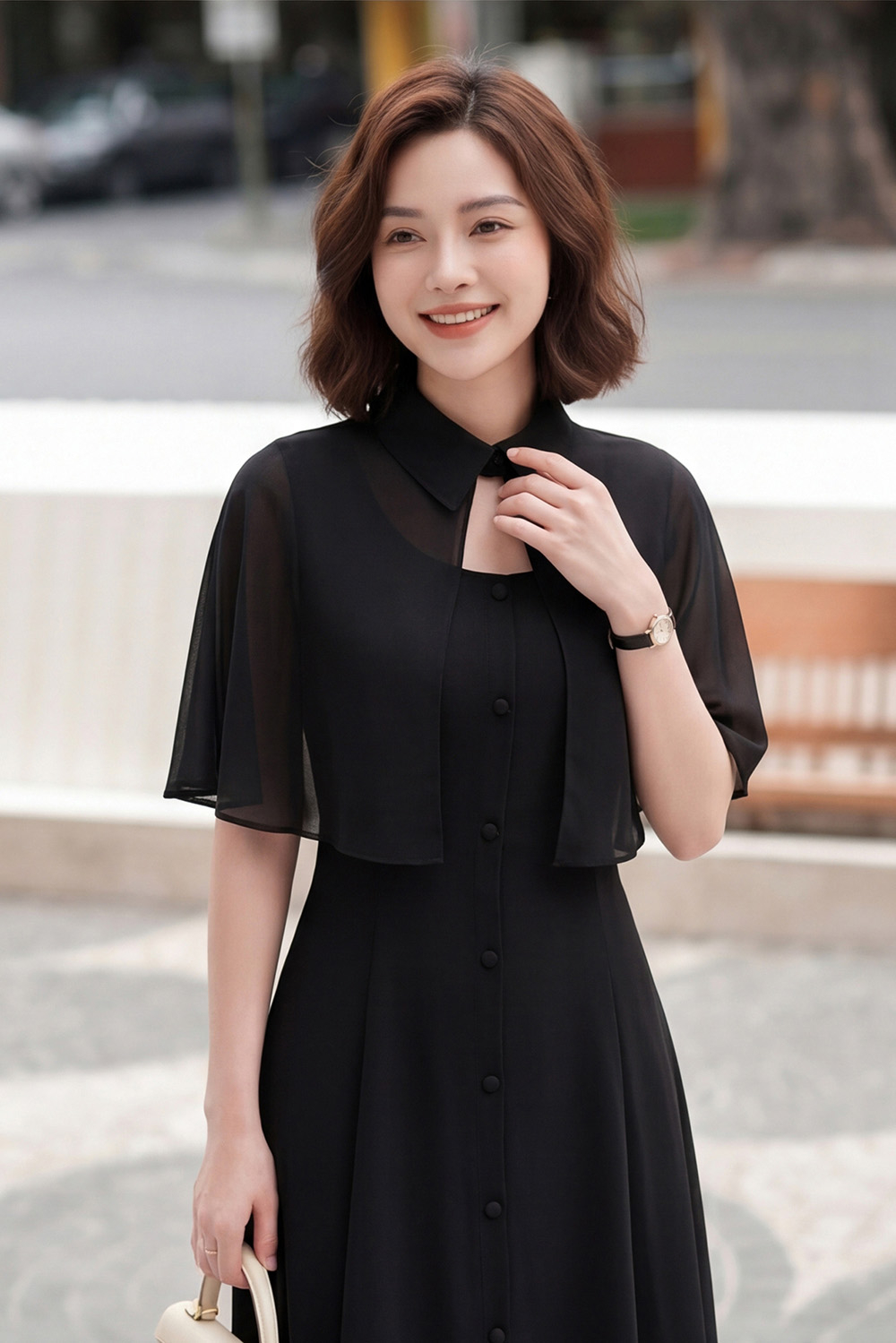 Đầm xòe màu đen đính kèm áo khoác mỏng
