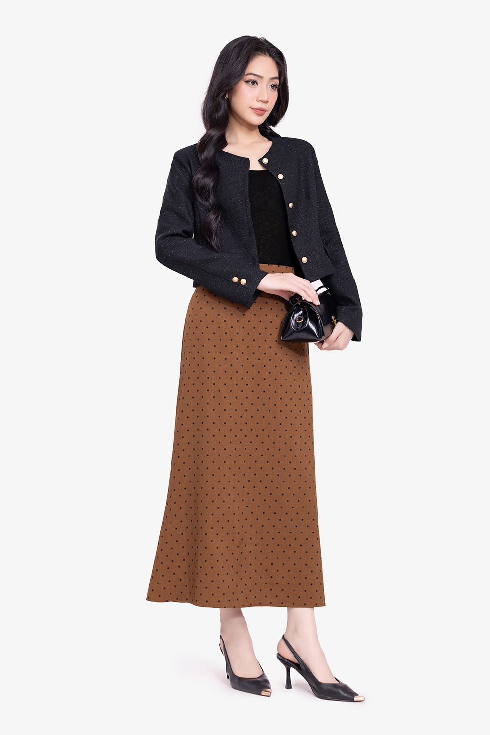 Áo khoác tweed nữ màu đen phối nút đồng