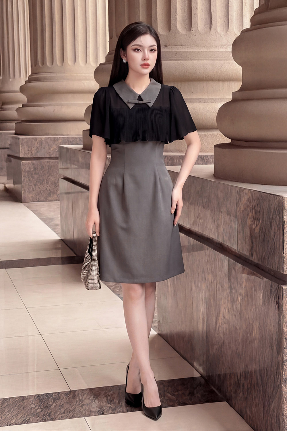 Đầm công sở chữ A màu xám phối đen