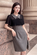 Đầm công sở chữ A màu xám phối đen