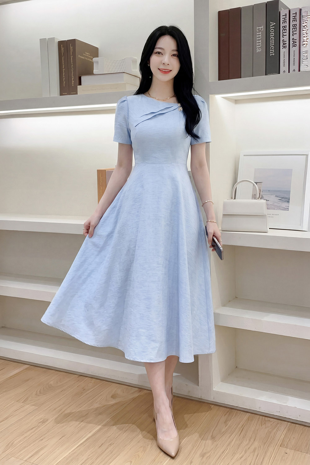 Đầm xòe tafta đính nơ màu xanh pastel