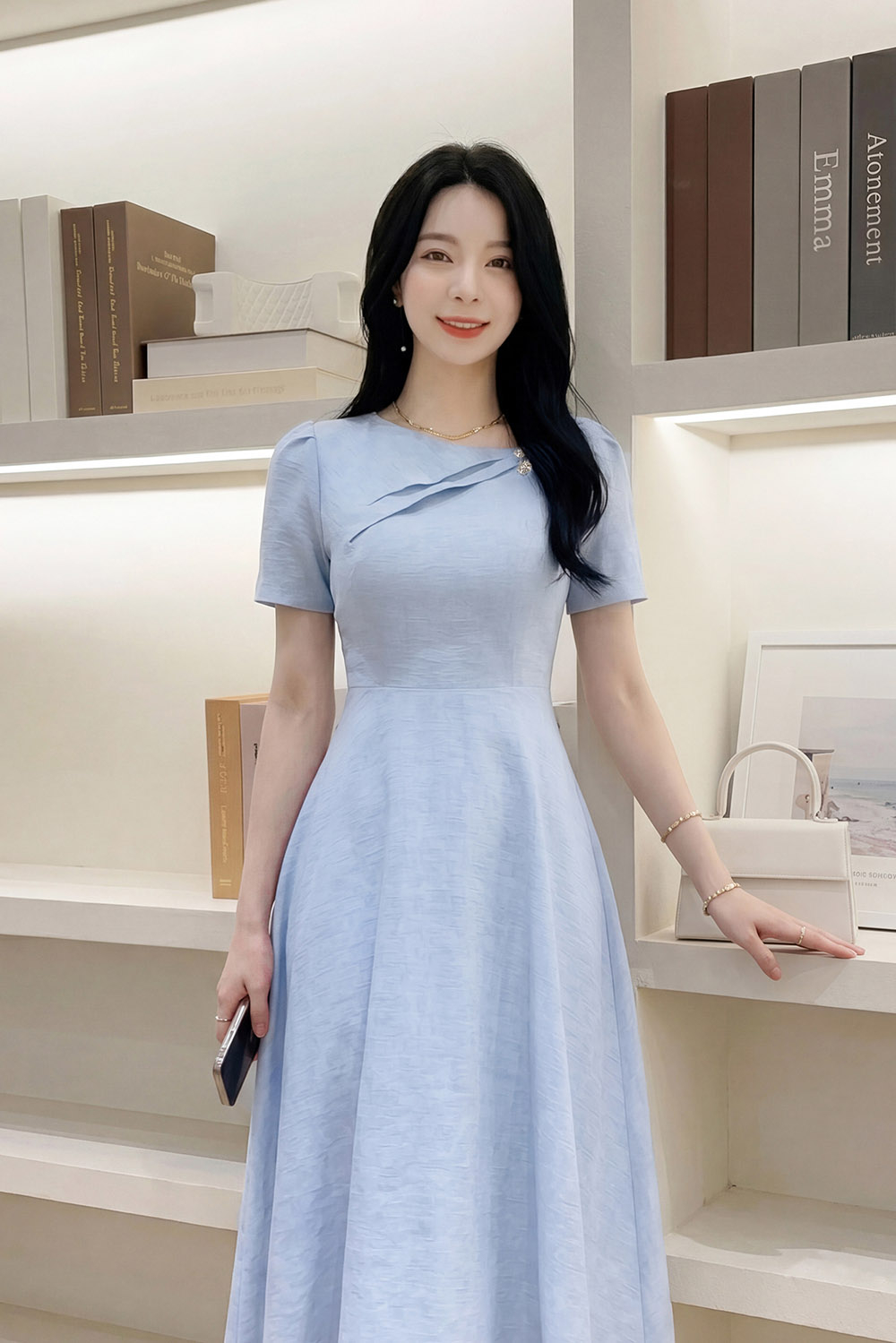 Đầm xòe tafta đính nơ màu xanh pastel