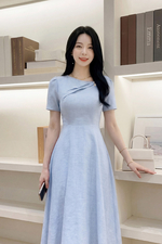 Đầm xòe tafta đính nơ màu xanh pastel