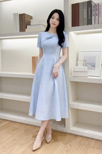 Đầm xòe tafta đính nơ màu xanh pastel