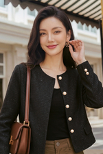 Áo khoác tweed nữ màu đen phối nút đồng