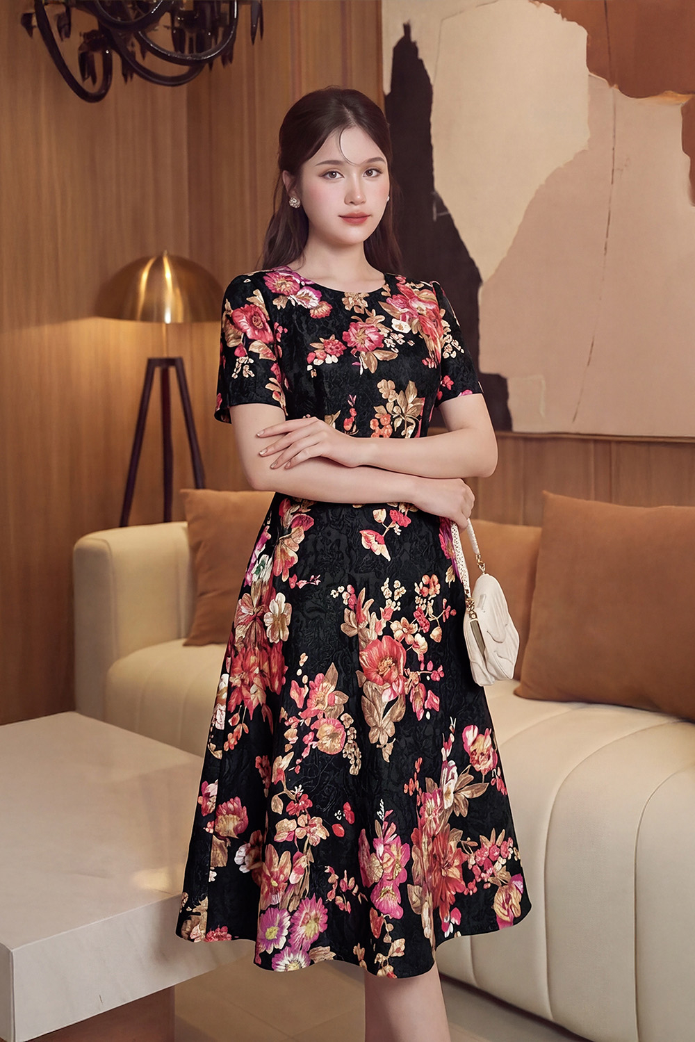 Đầm đen họa tiết hoa dáng xòe
