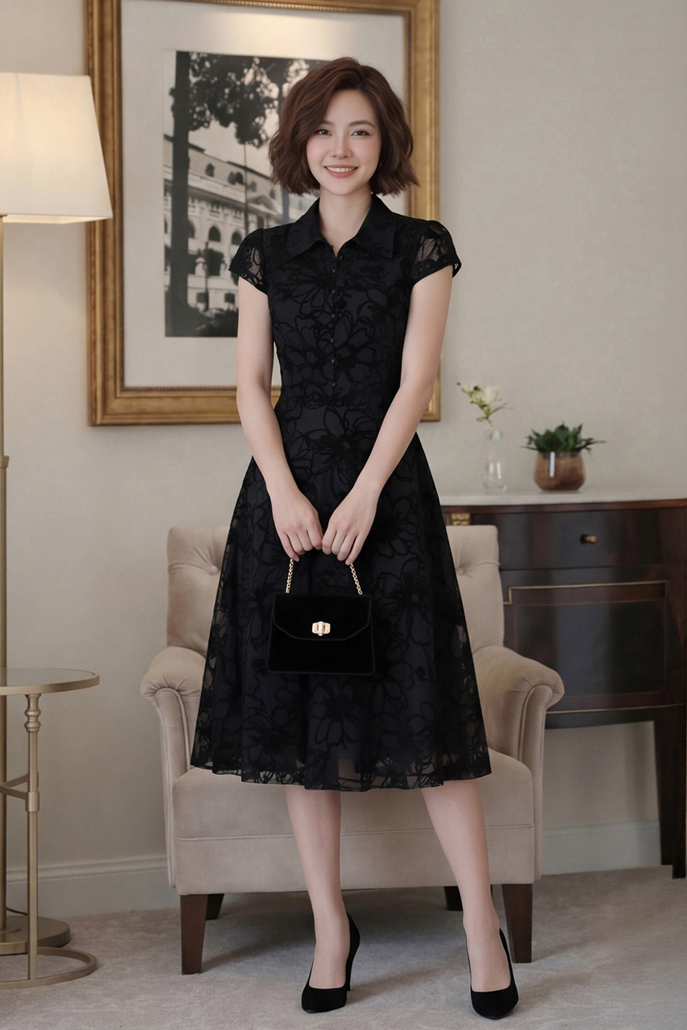 Đầm xòe đen lưới ép nhung cổ sơ mi