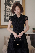 Đầm xòe đen lưới ép nhung cổ sơ mi