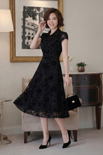 Đầm xòe đen lưới ép nhung cổ sơ mi