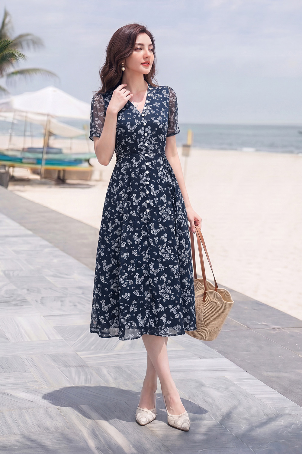 Đầm hoa xanh dáng xòe cổ V