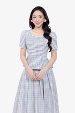 Áo kiểu caro xanh tay phồng cổ vuông