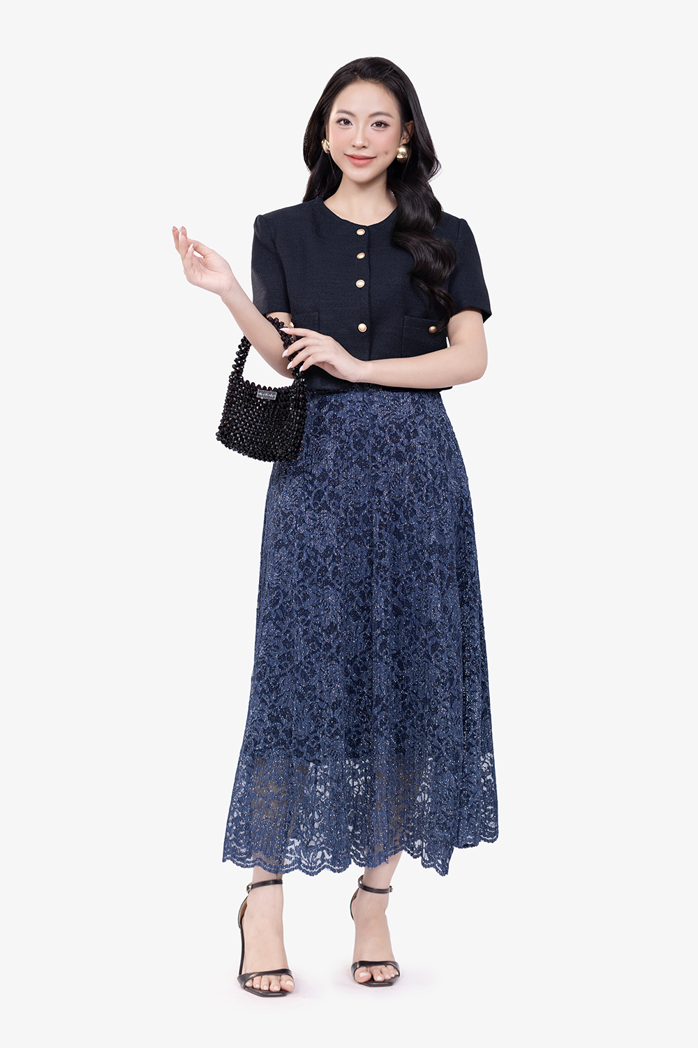 Chân váy xòe ren dập cao cấp