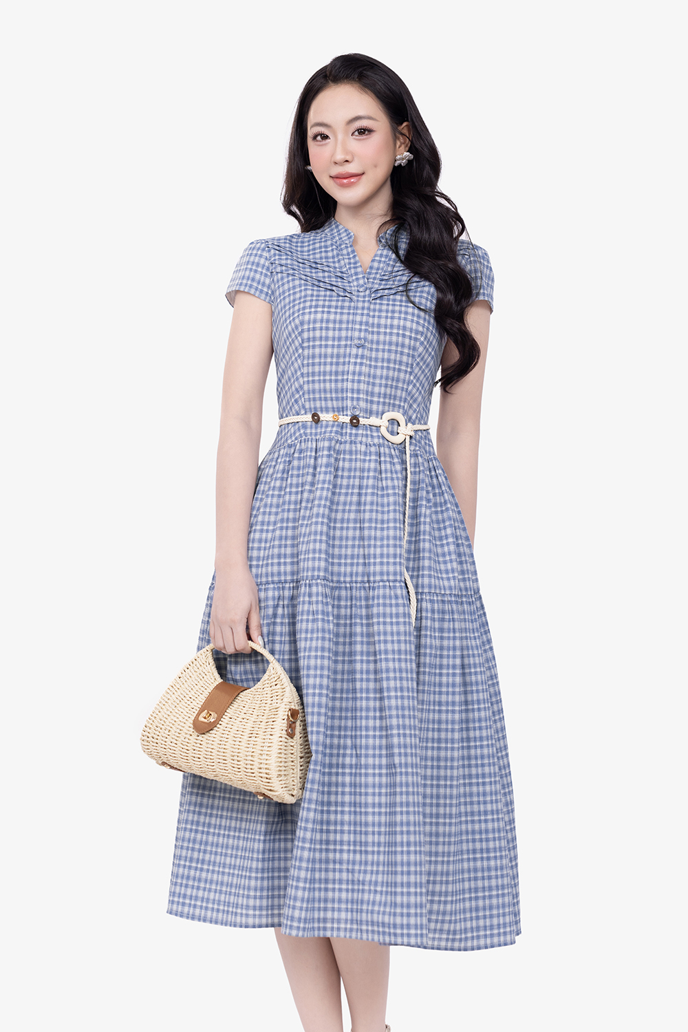 Đầm xòe 2 tầng họa tiết caro xanh